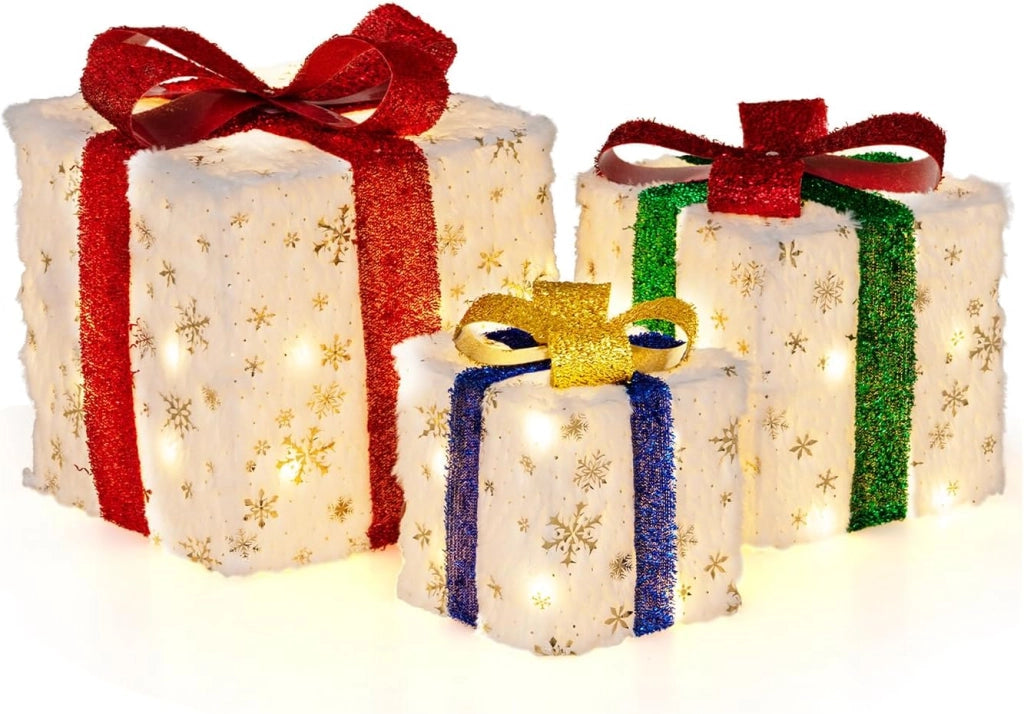 Set di 3 Scatole Regalo Illuminate per Natale, Decorazione Natalizia Pre-illuminata con 48 Luci Calde e Luminose, per Casa e Giardino (Bianco)