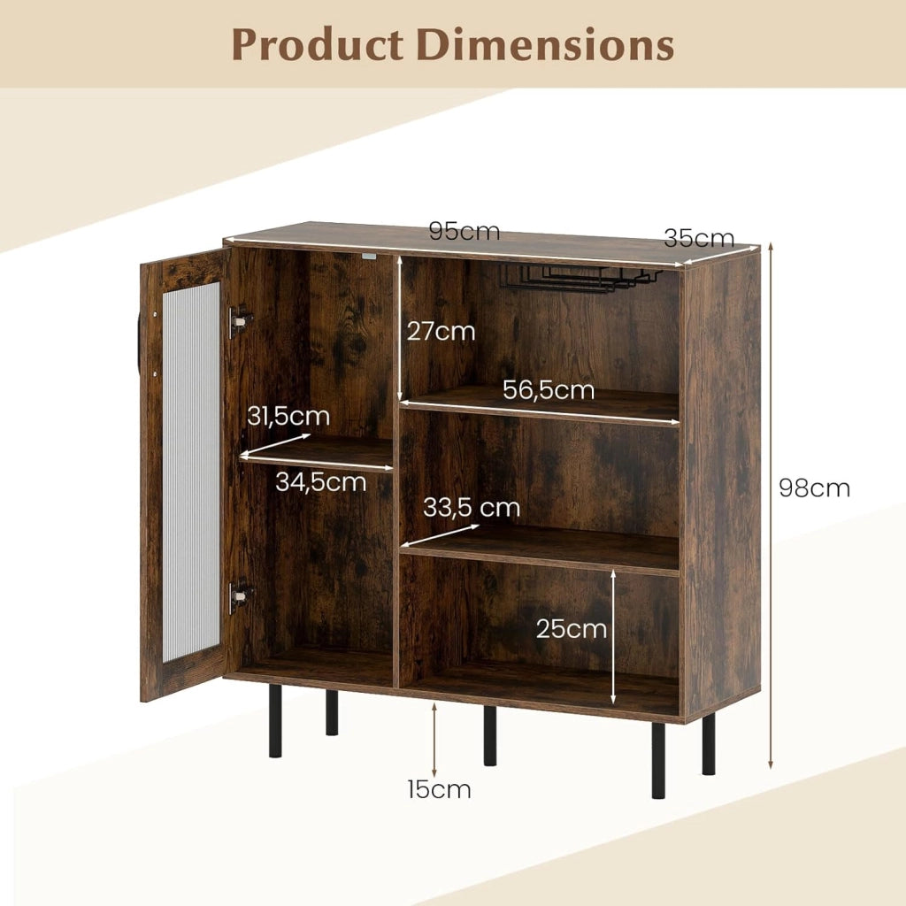 Armadio per Vini, Mobile di Stoccaggio con 3 Scomparti Aperti, Porta Bicchieri da Vino, Ripiano Regolabile, Porta Singola, Gambe in Metallo, Credenza per Cucina, Sala da Pranzo