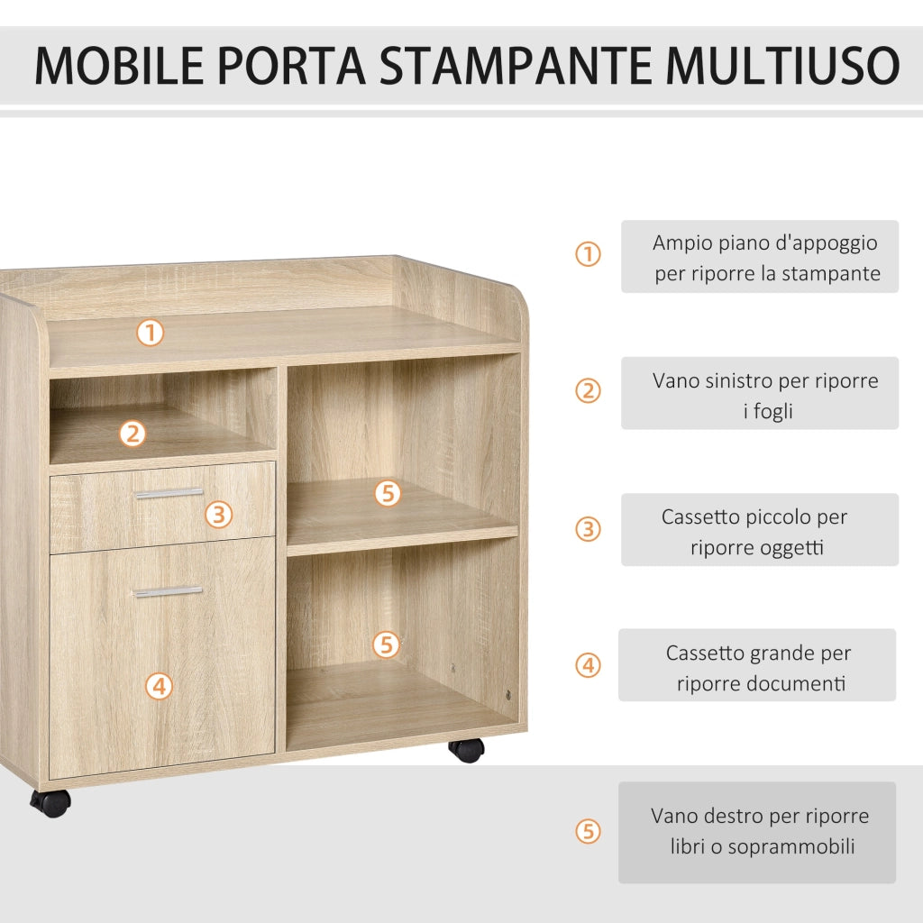 EasyComfort Mobile Porta Stampante, Mobile Ufficio, Mobiletto Basso, Mobile Multiuso con 4 Ruote, Rovere, 80x40x72cm