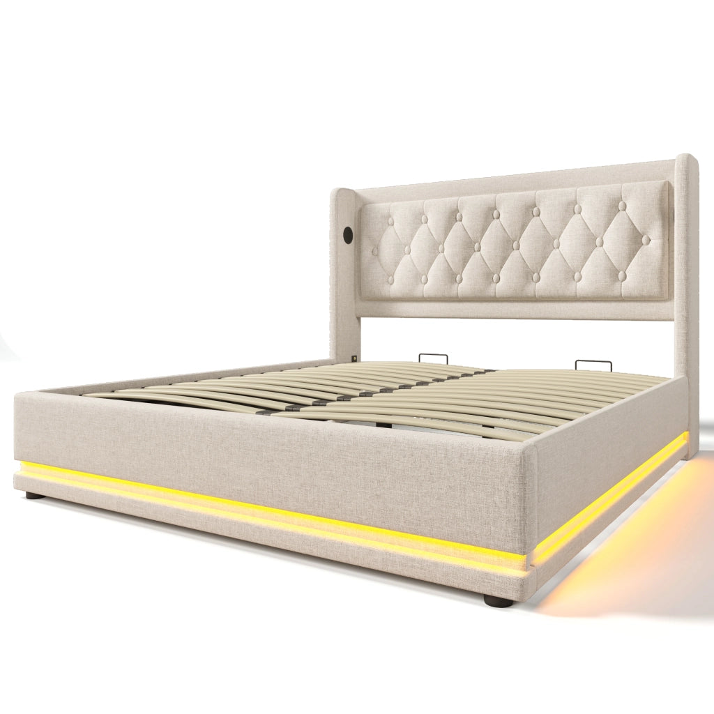 Letti contenitori 140x200 cm con contenitore; USB Type-C e LED; cotone beige (Senza materasso)