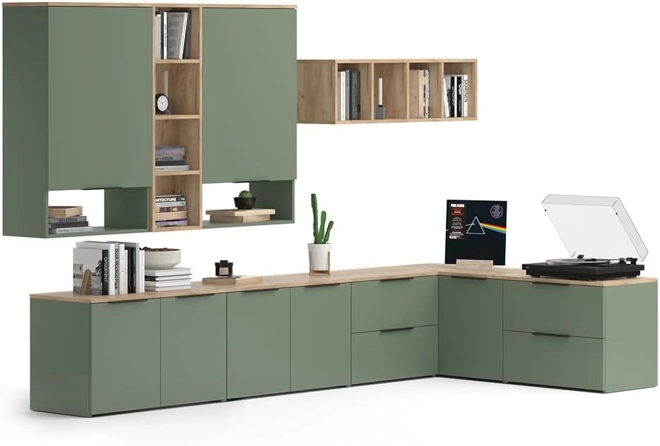 Parete attrezzata soggiorno Wido, Verde, 9 parti