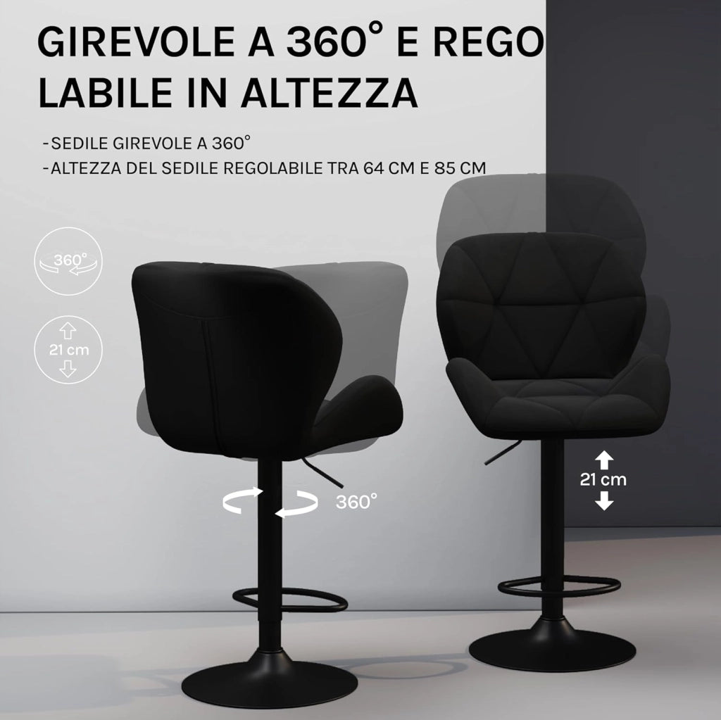 2X Sgabelli da Bar con Schienale Sedia Imbottita Regolabile in Altezza Lift Gas Tessuto Velluto Nero