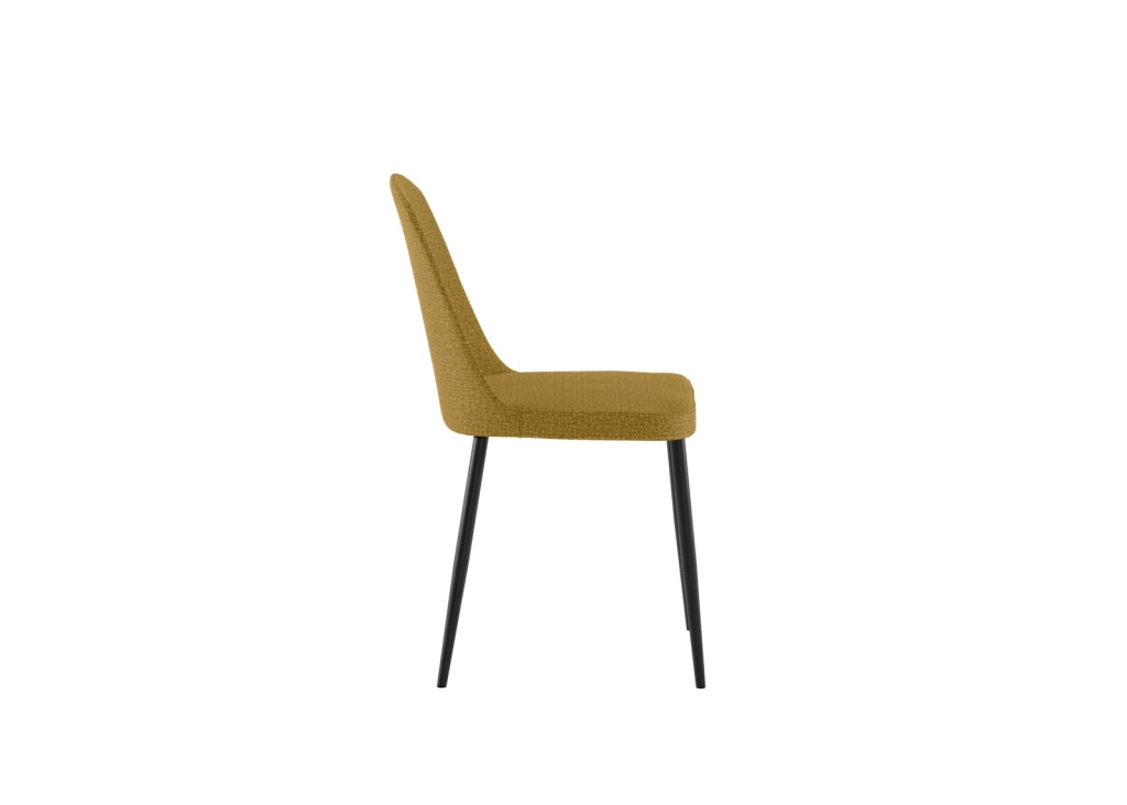 Sedia da pranzo Tamara con struttura in polipropilene e rivestimento in tessuto giallo, gambe in metallo nero - Design moderno e vivace