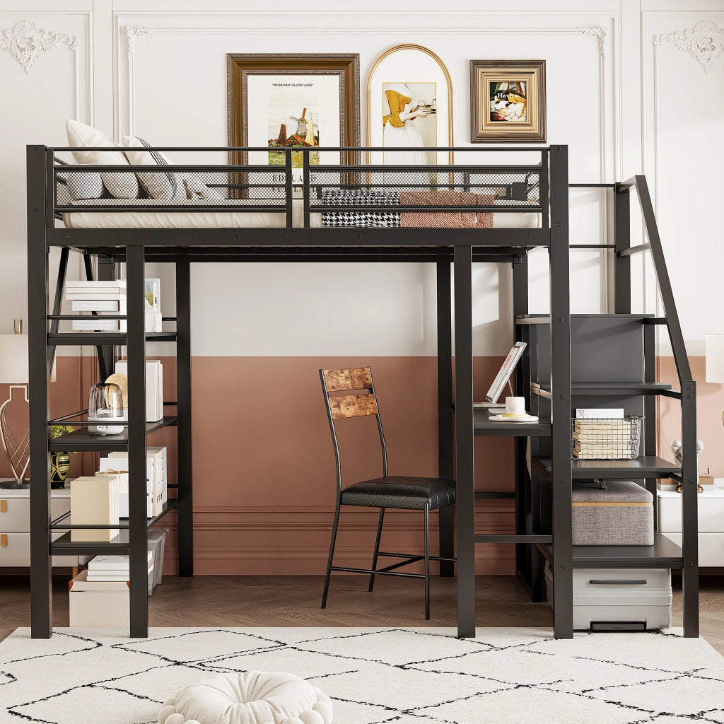 Letto alto in metallo nero con scrivania armadio e scaffali a tre livelli 140x200 cm