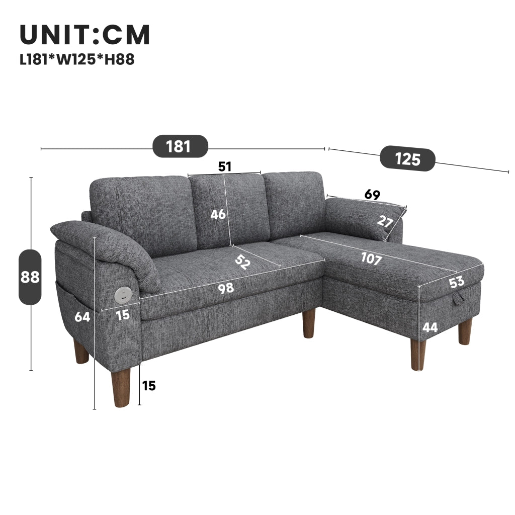 Divano angolare 3 posti con chaise longue contenitore; USB e tasche in chenille grigio chiaro