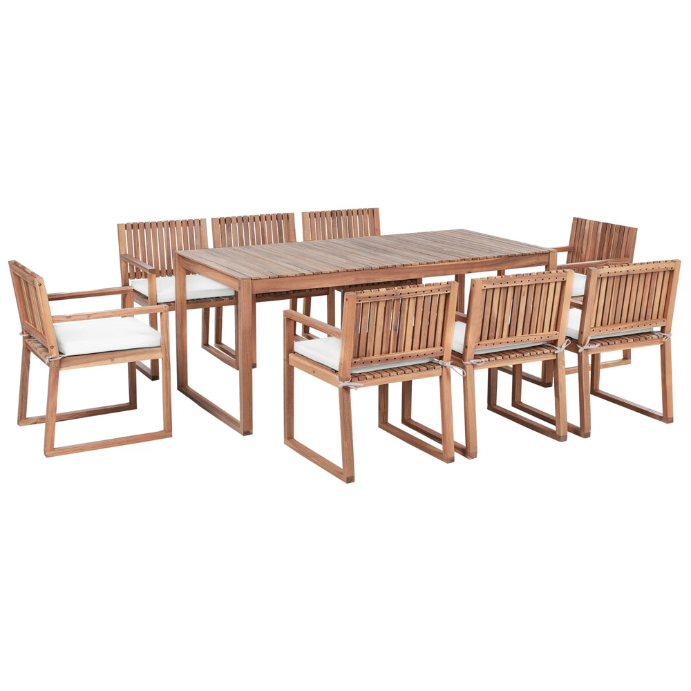 Set da pranzo da giardino con tavolo chiaro in legno di acacia certificato e 8 sedie con cuscini bianco sporco, stile rustico da esterno