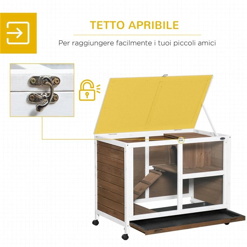 CONIGLIERA A 2 LIVELLI CON CASETTA RAMPA E VASSOIO ESTRAIBILE IN LEGNO DI ABETE 91.5X53.3X73 CM MARRONE