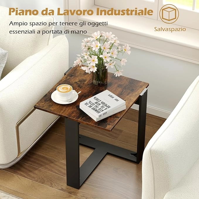 Tavolino da Salotto, Tavolino Quadrato con Base in Metallo a Forma di T, Comodino Industriale per Piccoli Spazi per Camera da Letto