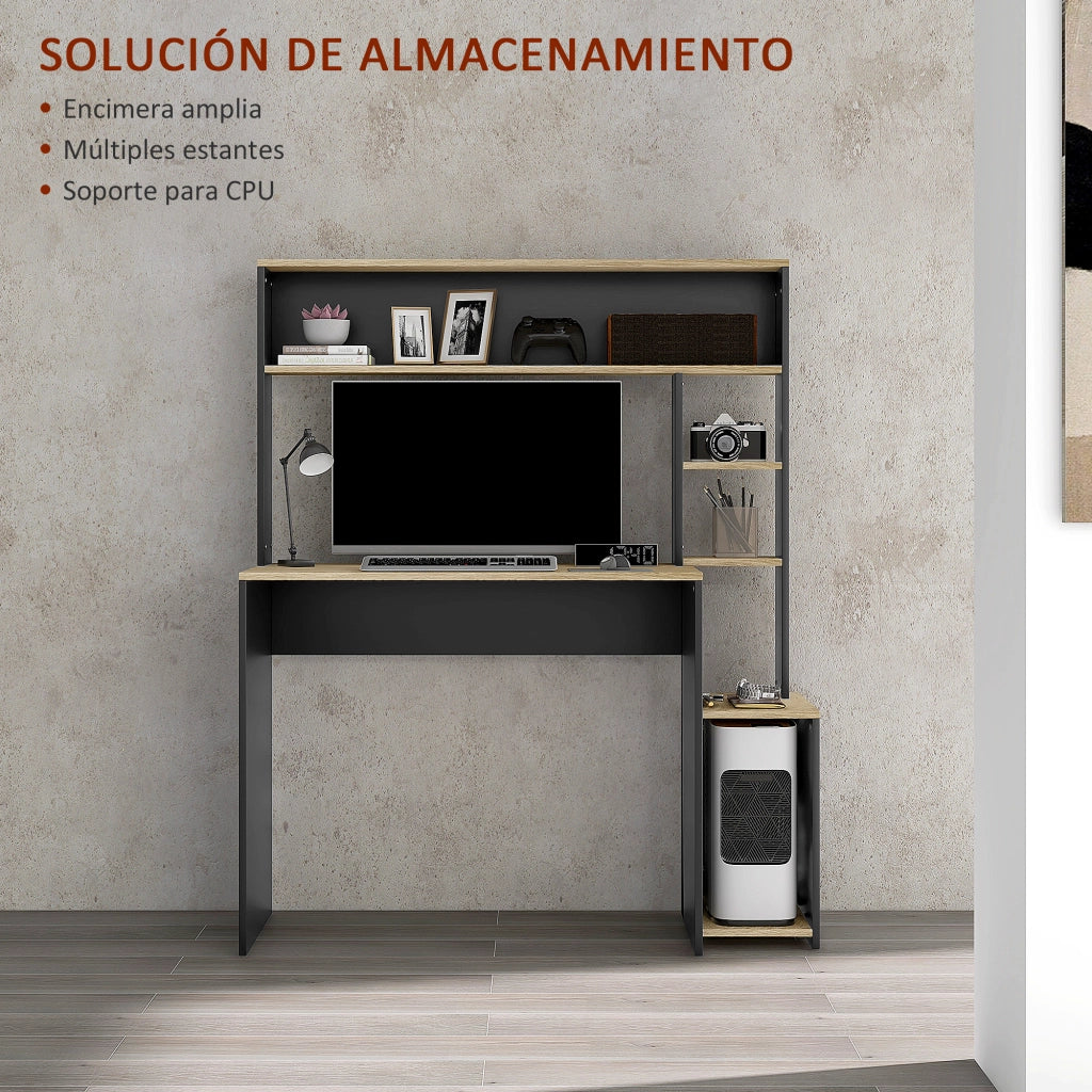 Scrivania con scaffale e supporto monitor ¨C Zephmum ¨C Grigio e naturale 114x45x138 cm