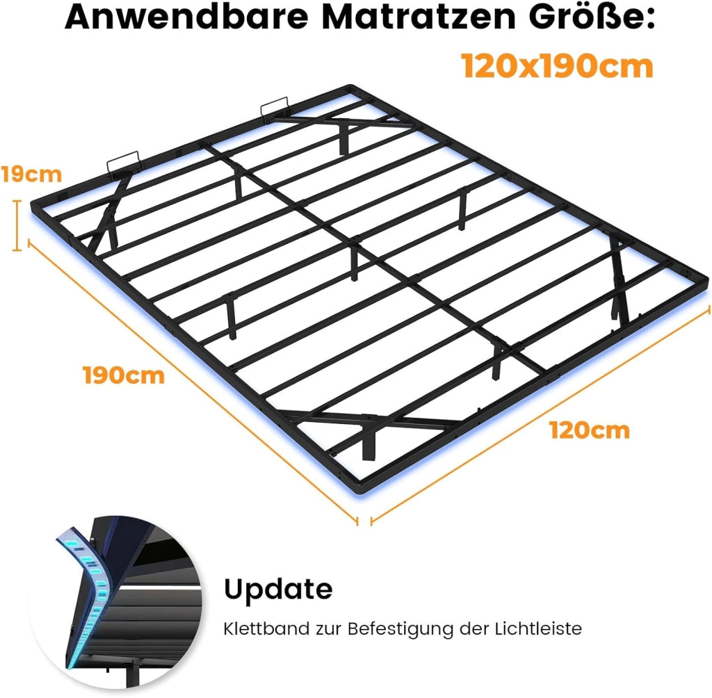 Telaio letto in metallo, letto per gli ospiti, struttura in metallo, con LED e prese, letto per ragazzi 120 x 190, app e telecomando, struttura stabile con rete a doghe