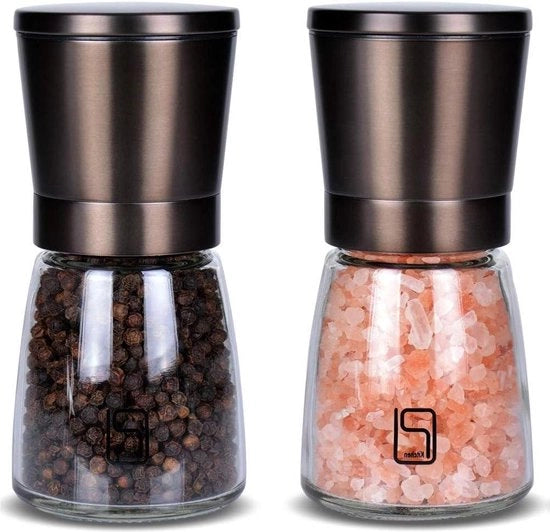 Set di macinacipolle in acciaio inossidabile nero con maniglia in bambù - Regolazione di grana - Set di scuotitori di sale e pepe - Macinacipolle e macinapolvere - Set di bicchieri scuotitori