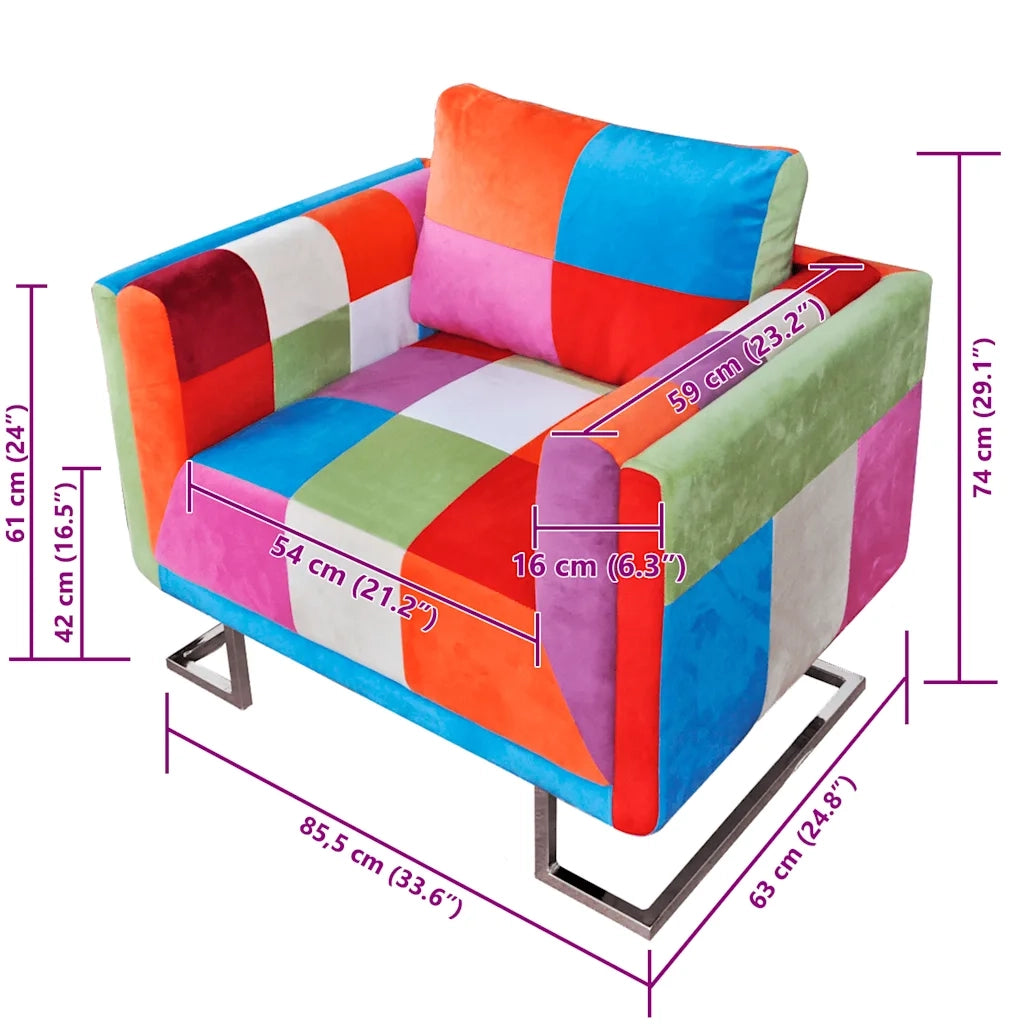 Poltroncina-Poltrona a Cubo con Gambe Cromo e Design Patchwork in Tessuto