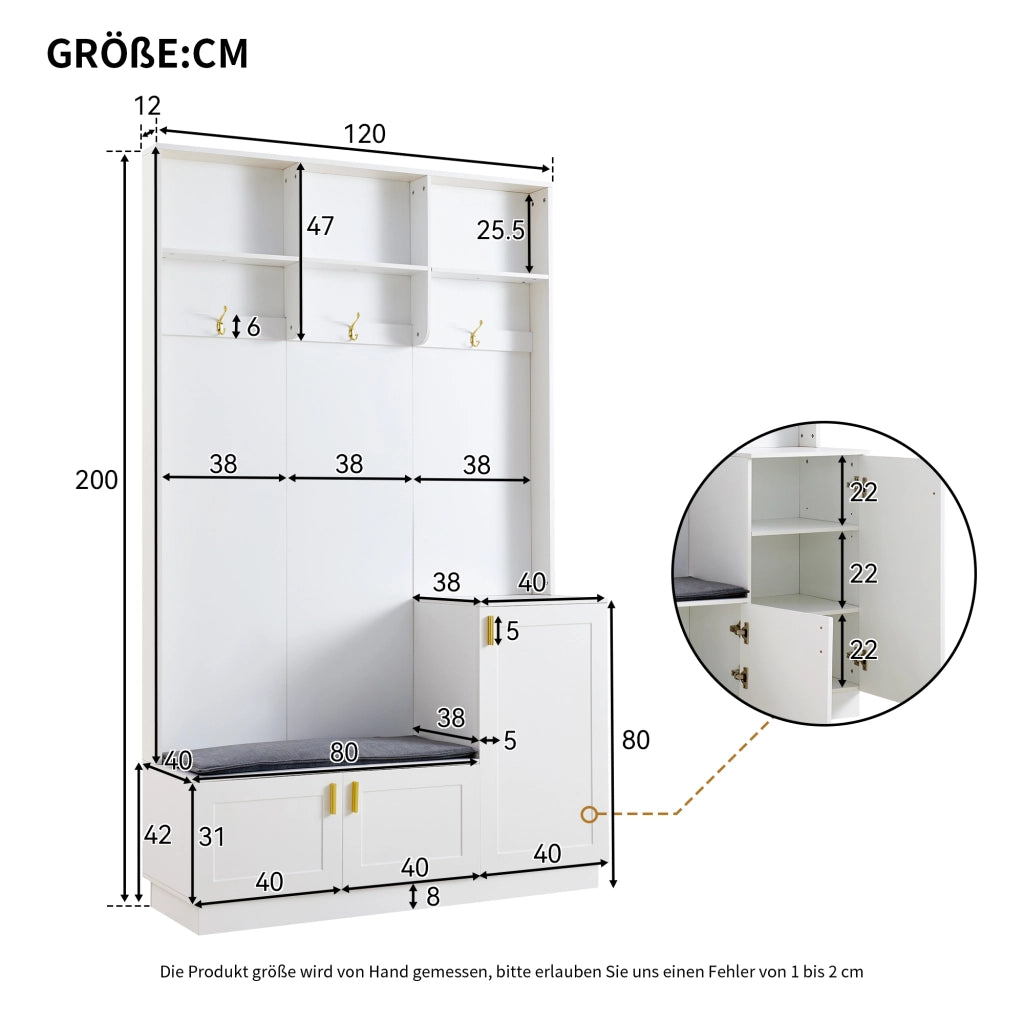 OKWISH Mobile da Ingresso con Panca Scarpiera, 3 Ganci, Vani Aperti e Ripiano Regolabile, Bianco, 120 x 40 x 200 cm