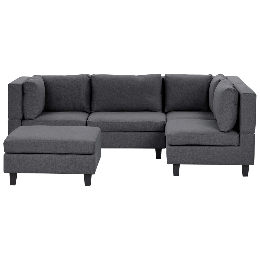 Divano componibile a 4 posti imbottito in tessuto grigio scuro gambe nere lato sinistro con ottomana stile moderno