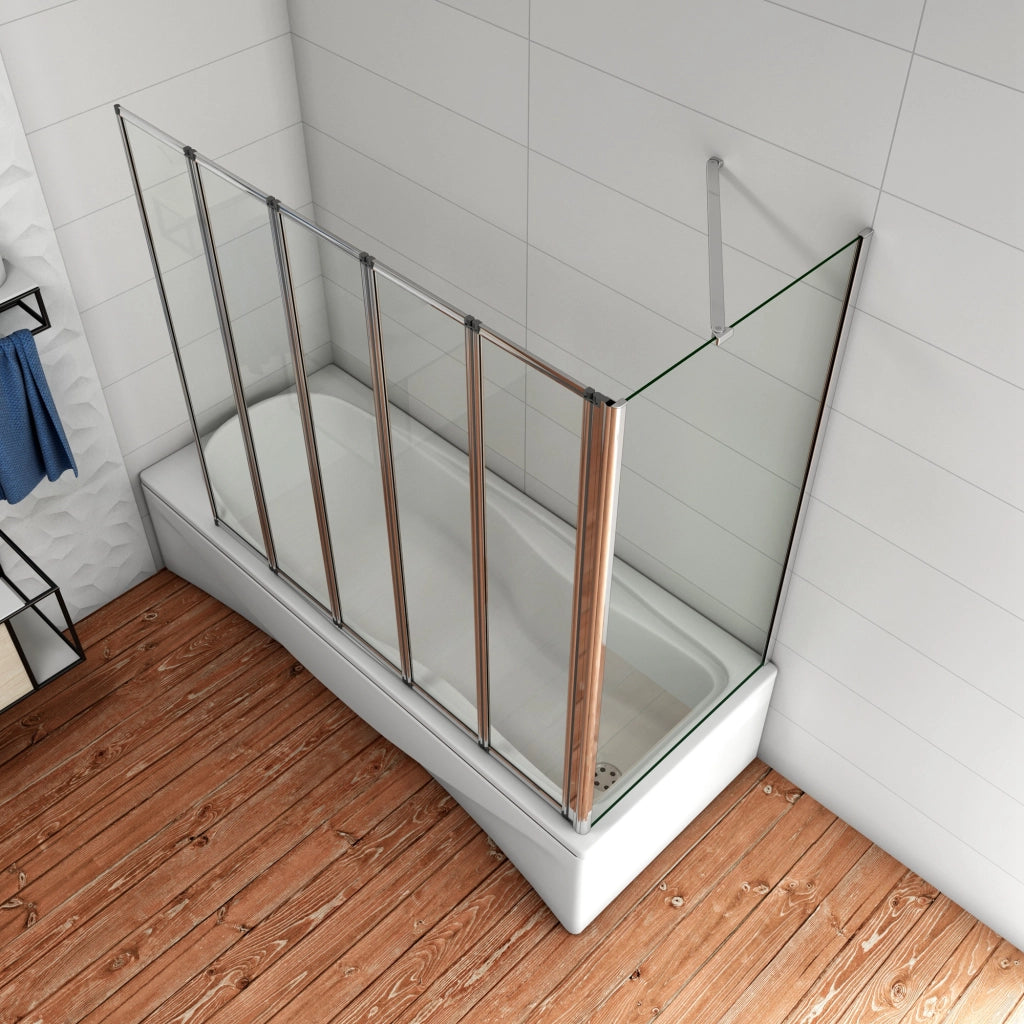 120x140cm Parete Doccia Sopravasca Angolare 5 Ante Pieghevoli Vetro 4 mm con Parete Laterale 75cm Vetro Temperato 6 mm Trasparente Telai Cromi Lucidi