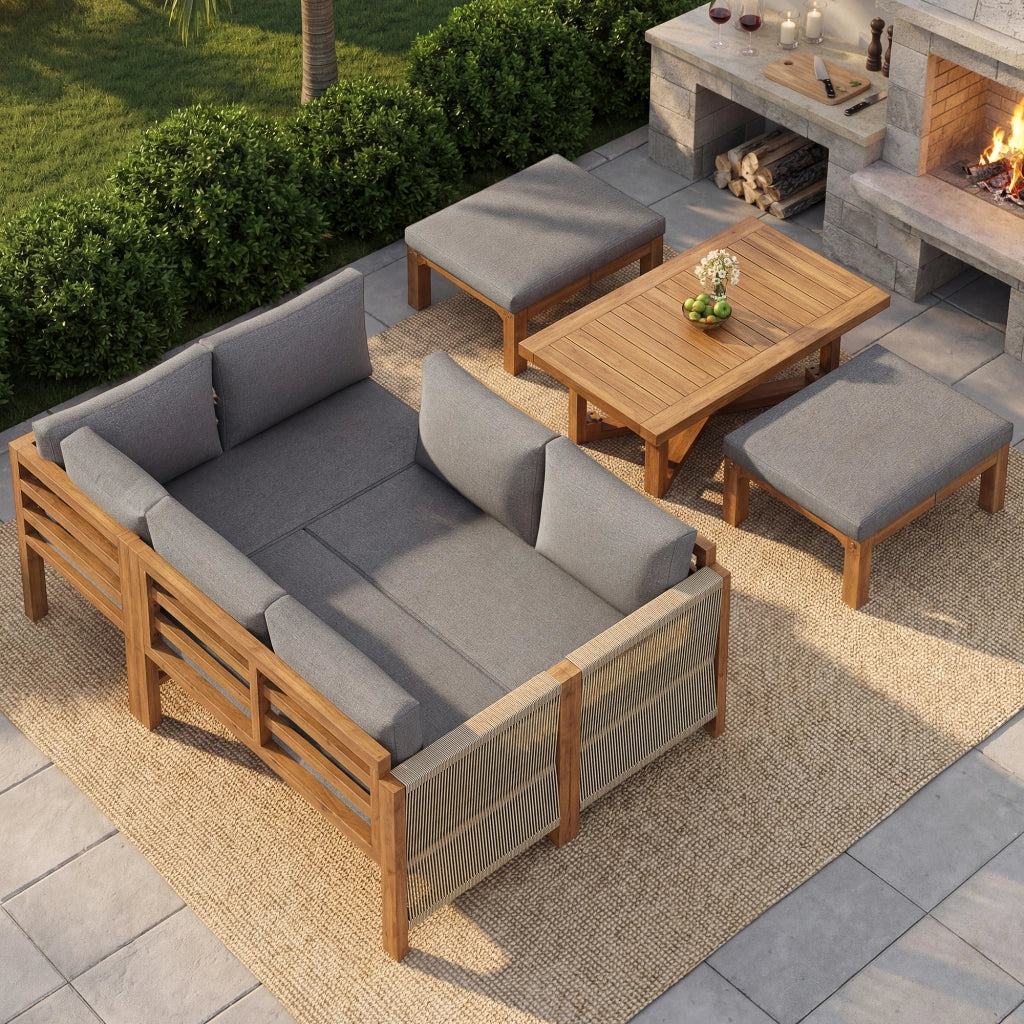 Set Divano Angolare da Giardino in Legno Acacia con Cuscini ¨C Xylo ¨C 6 Posti, 2 Sgabelli e Tavolo