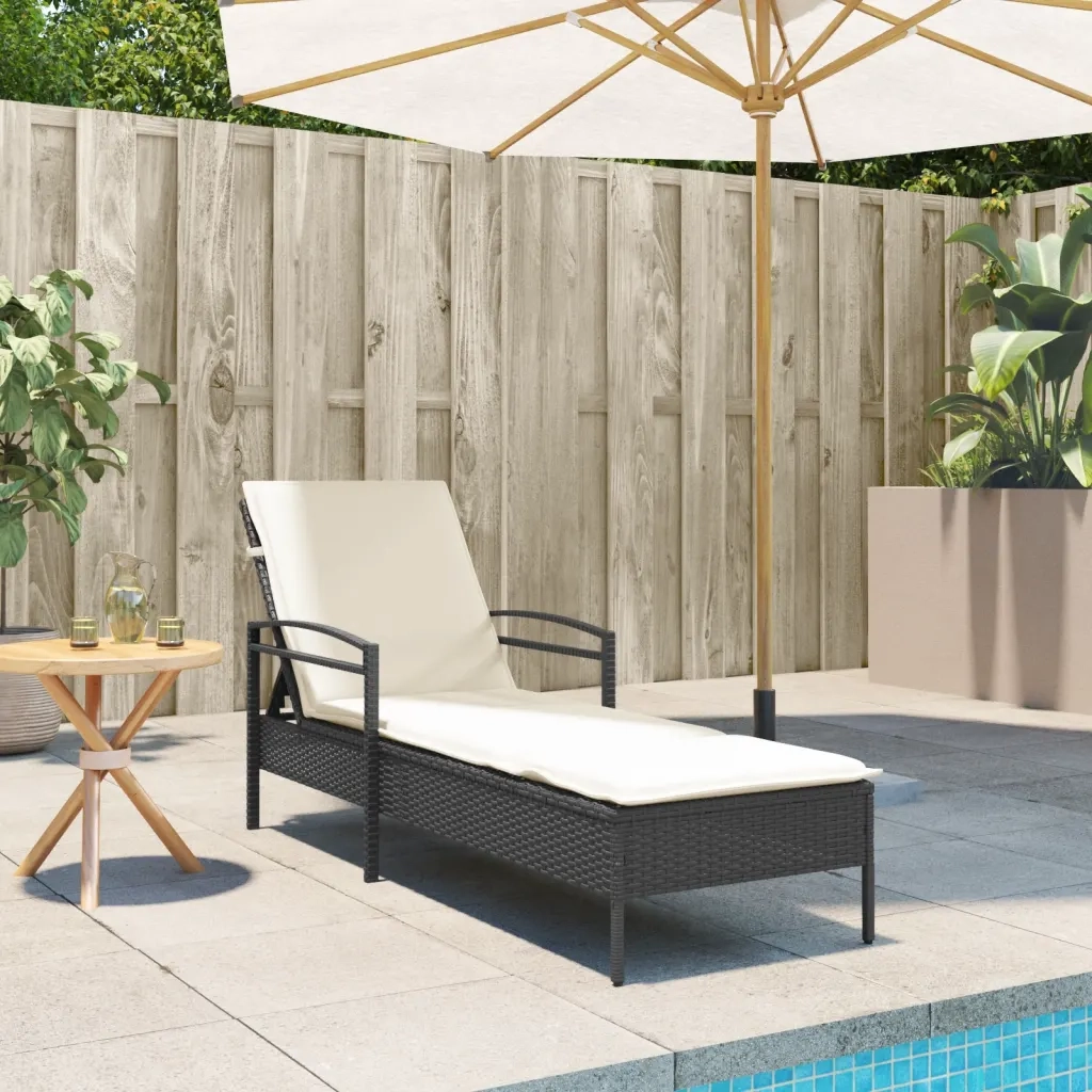 Lettino Prendisole con Cuscino Nero 63x200x81 cm in Polyrattan 368299