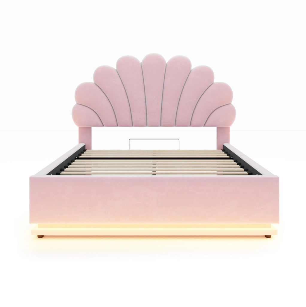 Letto imbottito 140x200 cm in velluto rosa con contenitore; testiera floreale e LED
