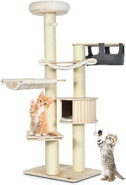 Albero per Gatti 197 CM, Tiragraffi per Gatti a Più Livelli con Nicchia in Legno, Trespolo Superiore, Amache, Cestello Sospeso, Tiragraffi con Pali in Sisal e Palline