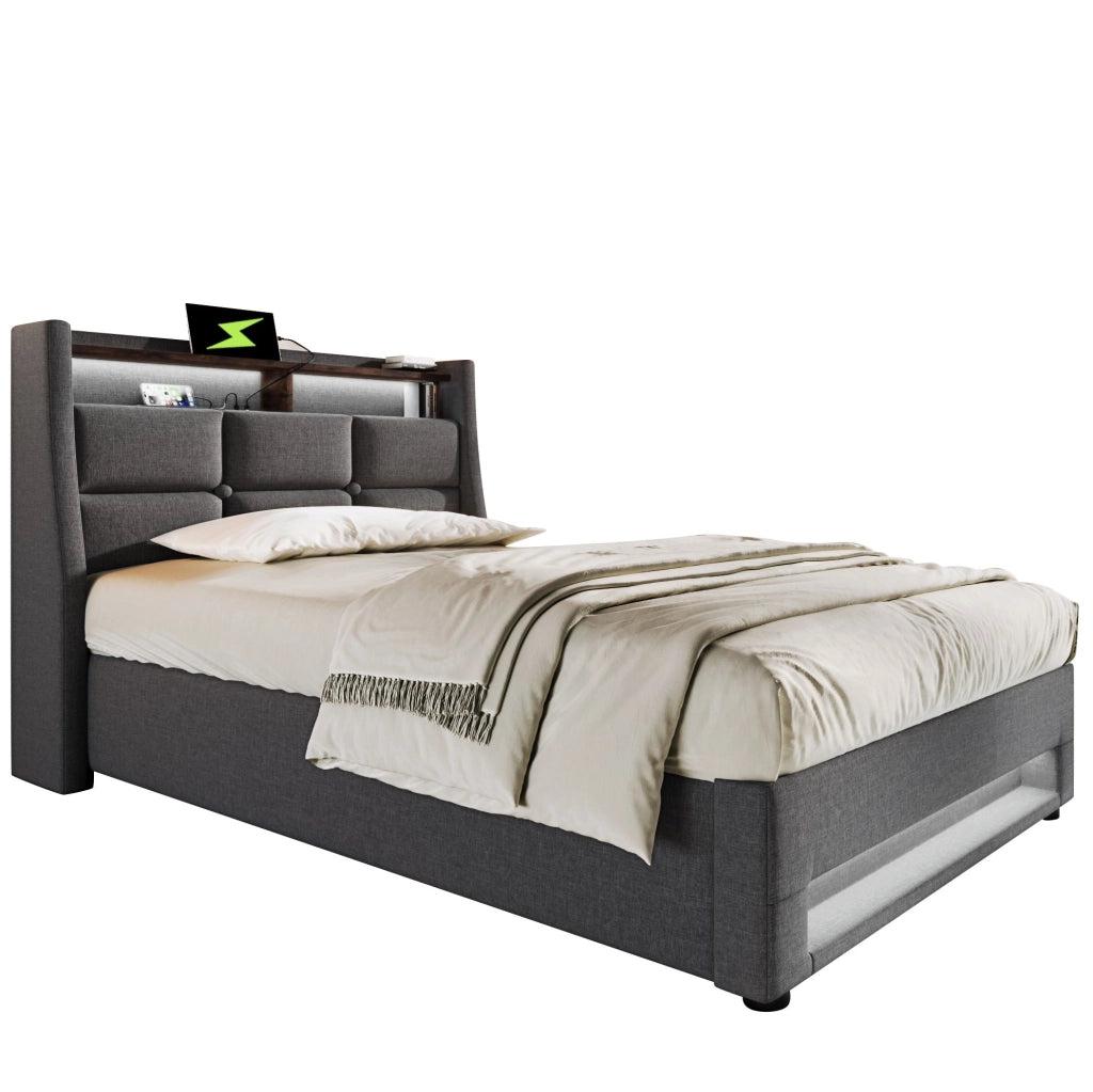 Letto singolo imbottito ULEVR 90x200 cm con materasso, contenitore a gas, LED e 2 USB, grigio