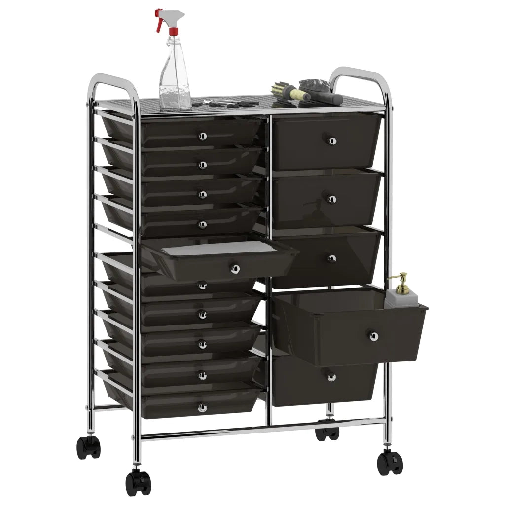 Carrello Portaoggetti XXL con 15 Cassetti Nero in Plastica 320407