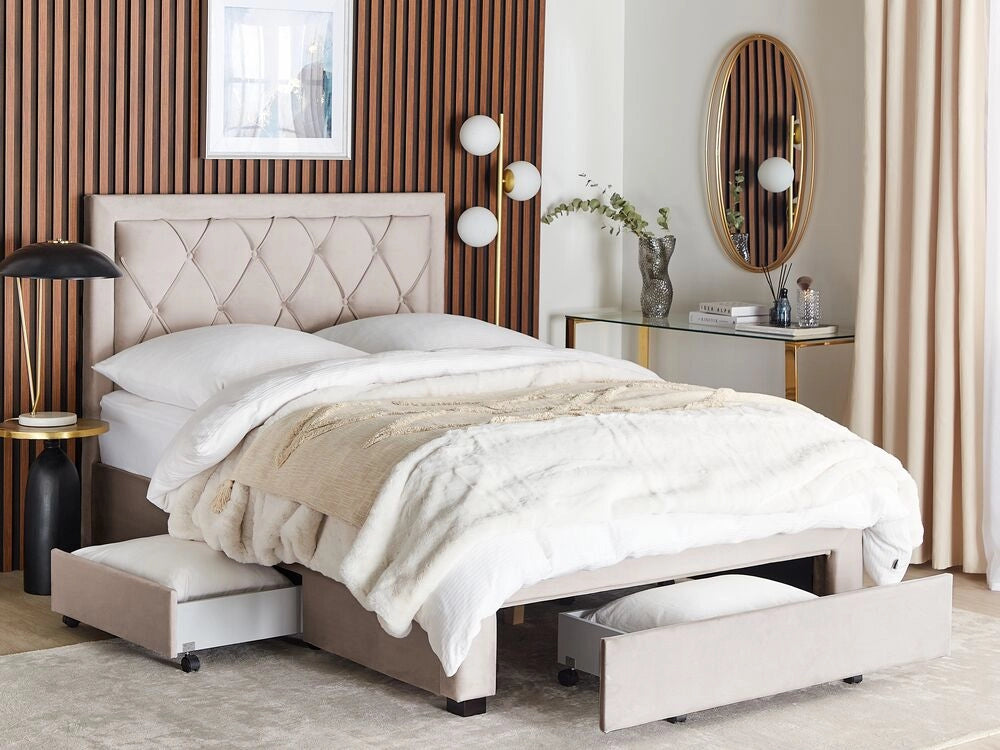 Letto contenitore tappezzeria in velluto beige 140 x 200 cm trapuntato testiera alta cassetti Glam Design