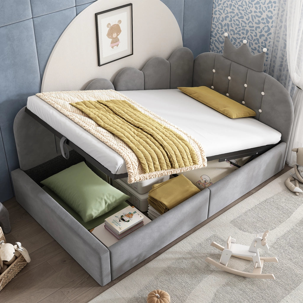 Letto divano 90 × 190 cm con contenitore idraulico e struttura a L reversibile, senza materasso, in velluto, grigio