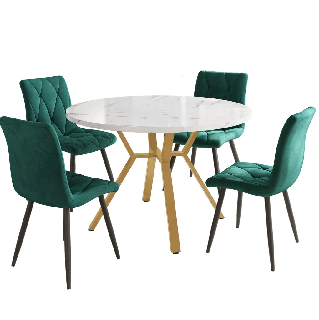 Set tavolo da pranzo rotondo 5 pezzi bianco, verde e oro con 4 sedie