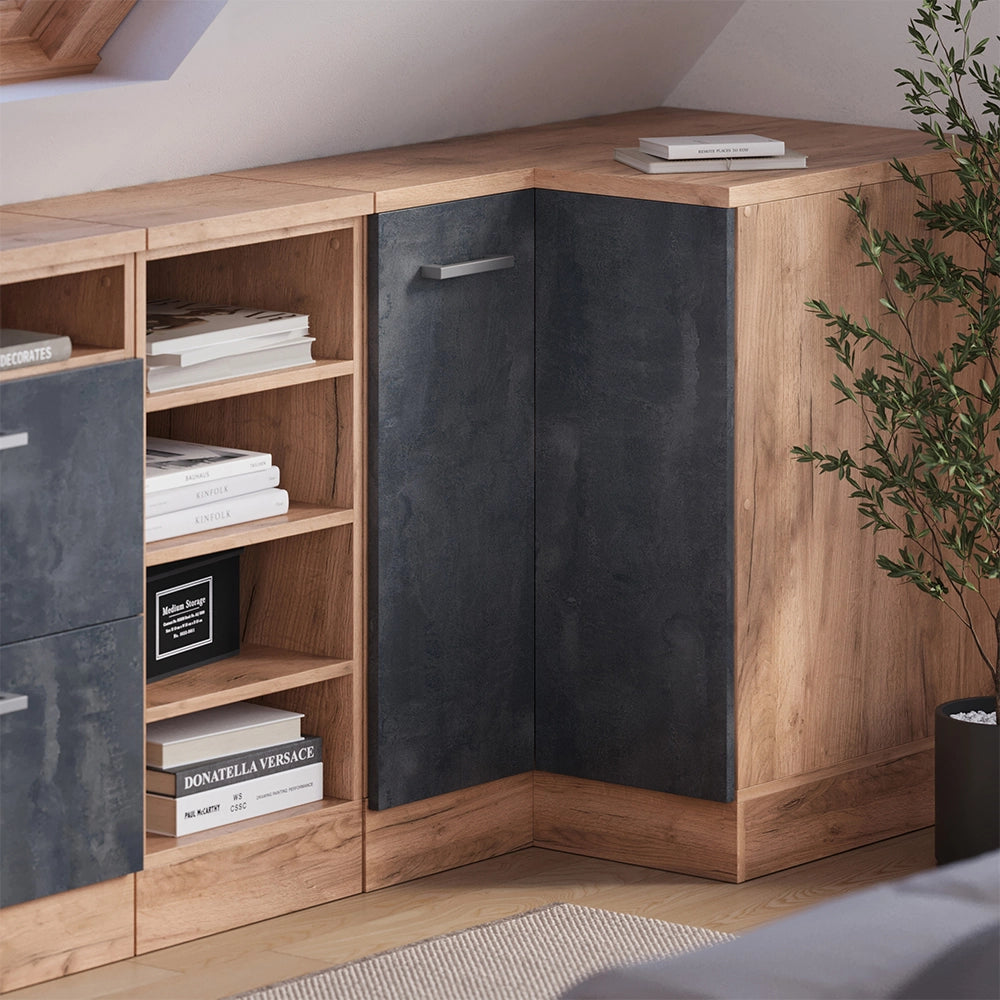 Mobile cucina angolare per sottotetto R-Line Calce nera/Rovere dorato 75.6 cm con 1 porta, carcassa dell’armadio profondità 60 cm Vicco