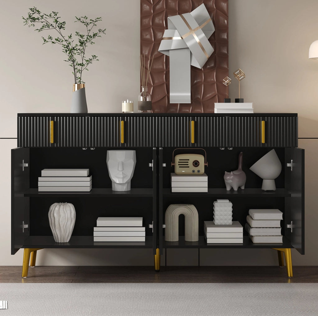 Credenza sideboard nera con 4 ante e 4 cassetti; ripiani regolabili; 140x38x82 cm; in MDF