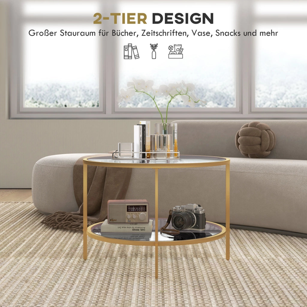 Tavolino da caffè rotondo con ripiano a 2 livelli - per soggiorno - in vetro - Ø60×43 cm - oro