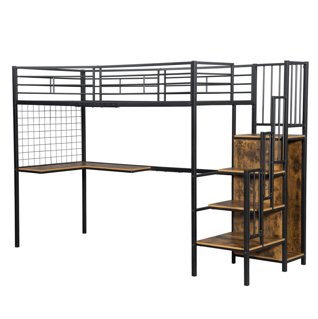 Letto a soppalco 90x200 cm con armadio e scale laterali nero e noce scuro