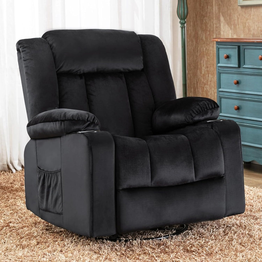 Poltrona Reclinabile Girevole per Adulti con Schienale e Poggiapiedi Regolabili, Poltrona 360° da Salotto, Portabicchieri, Tasche Laterali, Tessuto Morbido, Supporto Ergonomico, Nero