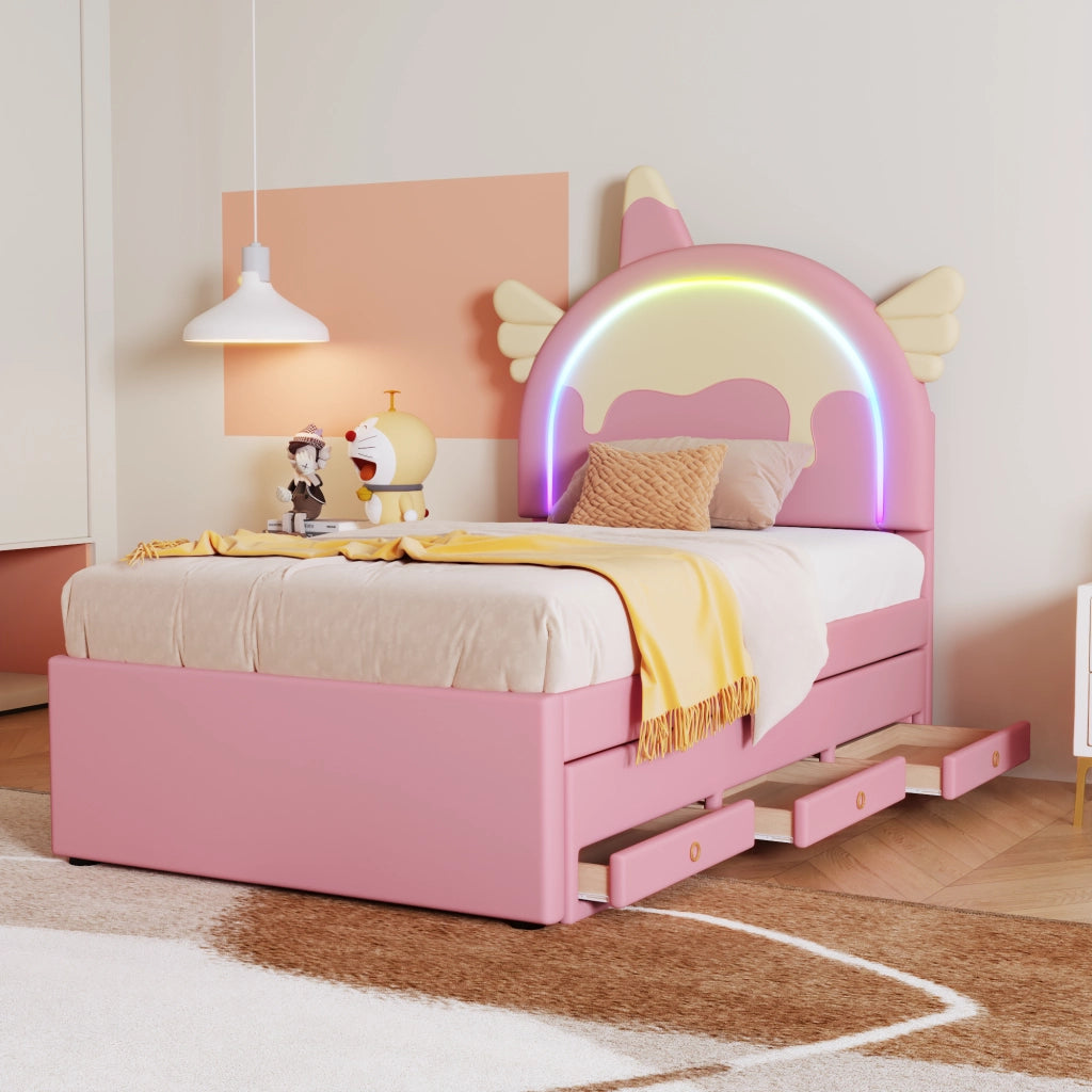 Letto Estraibile 90×200 cm; Singolo con Testiera a Unicorno e Letto Estraibile; senza Materasso; Rosa