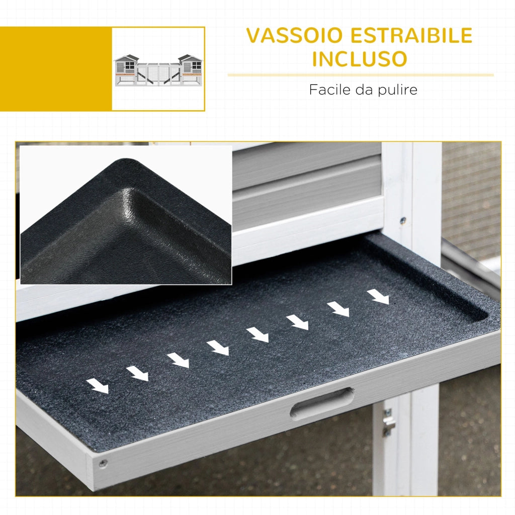 Gabbia per Conigli Conigliera 259x64x92 cm 2 Casette con Rampe Recintata in Legno Grigia