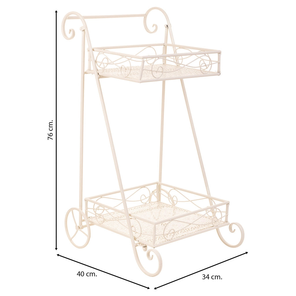 Carrello a 2 ripiani per pentole in ferro battuto bianco 40x34x76