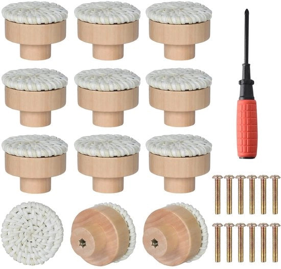 Pomelli di rattan, maniglioni in legno per cassetti, 12 pezzi, stile bohemien con viti per cassetti, armadi, comodini, cucina, camera da letto (bianco)