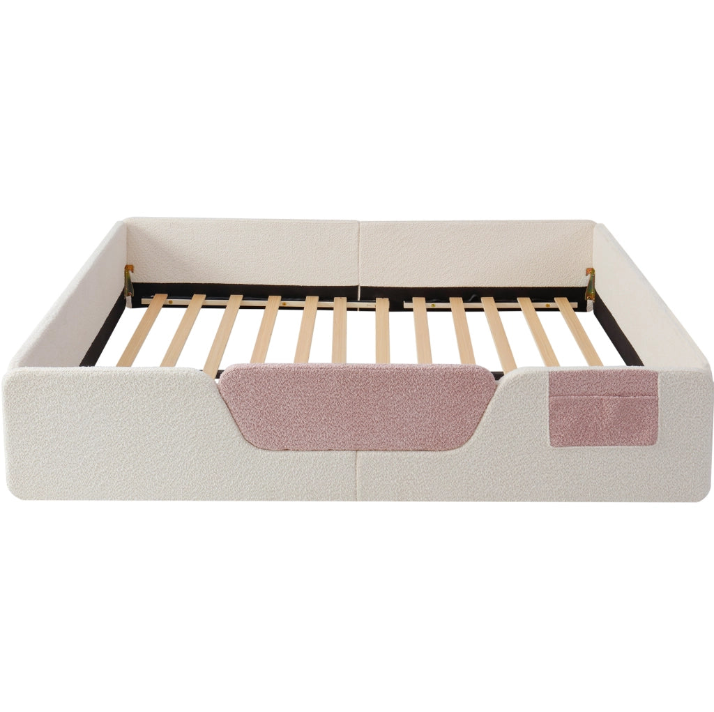 Letto imbottito per bambini 140x190 cm con sponde removibili; tasca portaoggetti; velluto beige