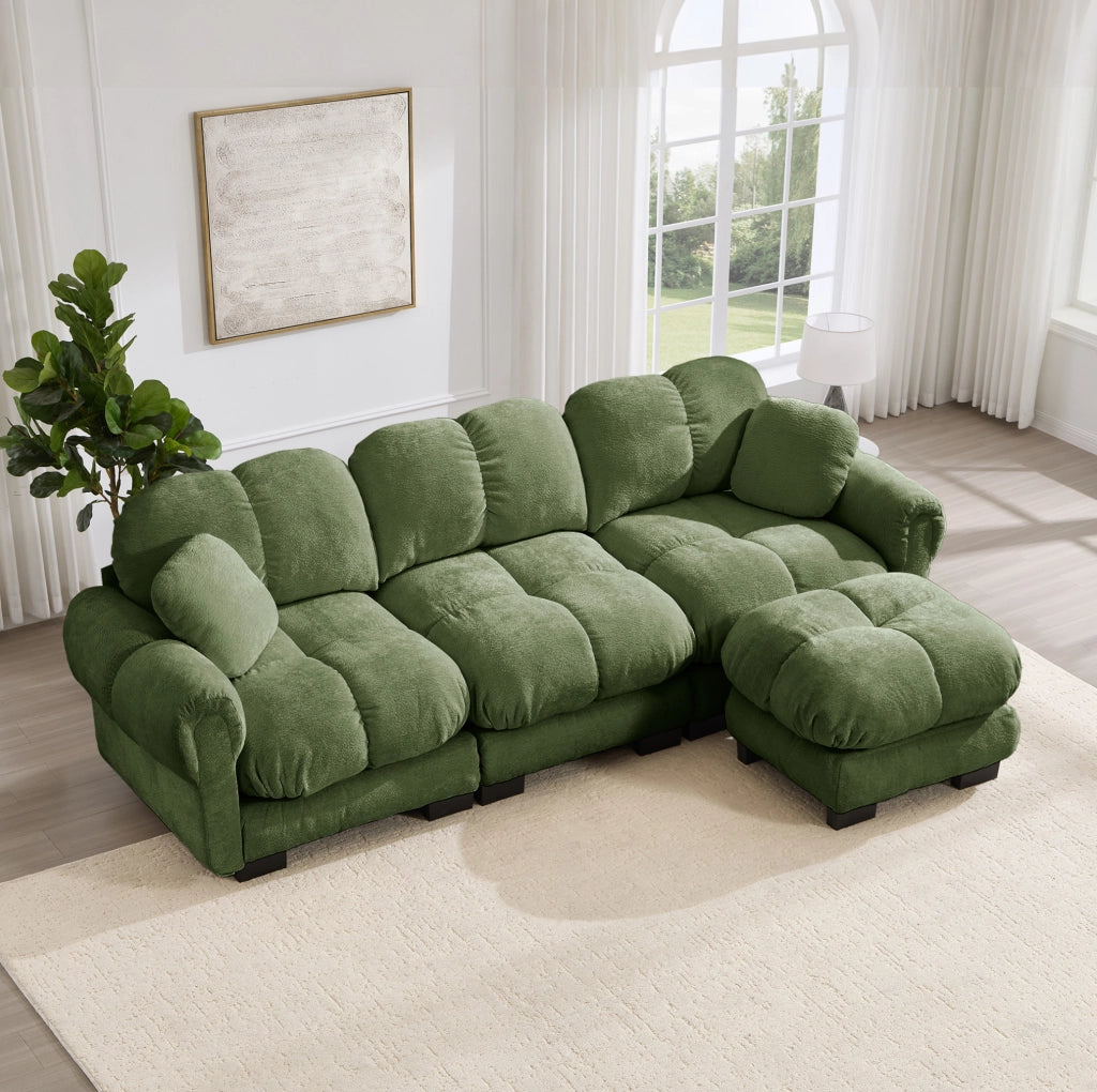 Divano angolare modulare a 3 posti in chenille verde; 260x149x90 cm; con pouf mobile
