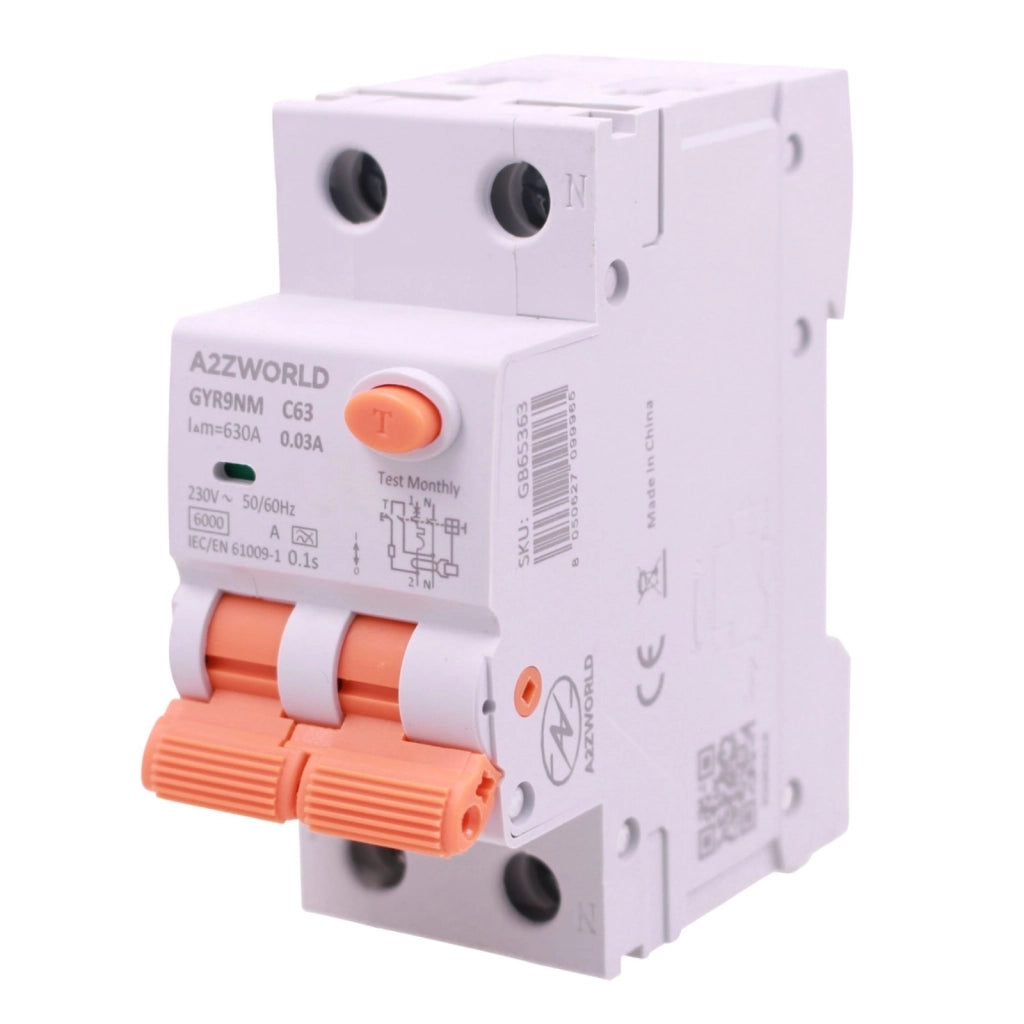 RCBO Doppia Leva, Interruttore Magnetotermico Differenziale Tipo A Curva C 1P+N 2M 6000A 30mA AC 230V IP20 IEC61009-1 GYR9NM, Disponibili 40A 50A 63A (C63A)
