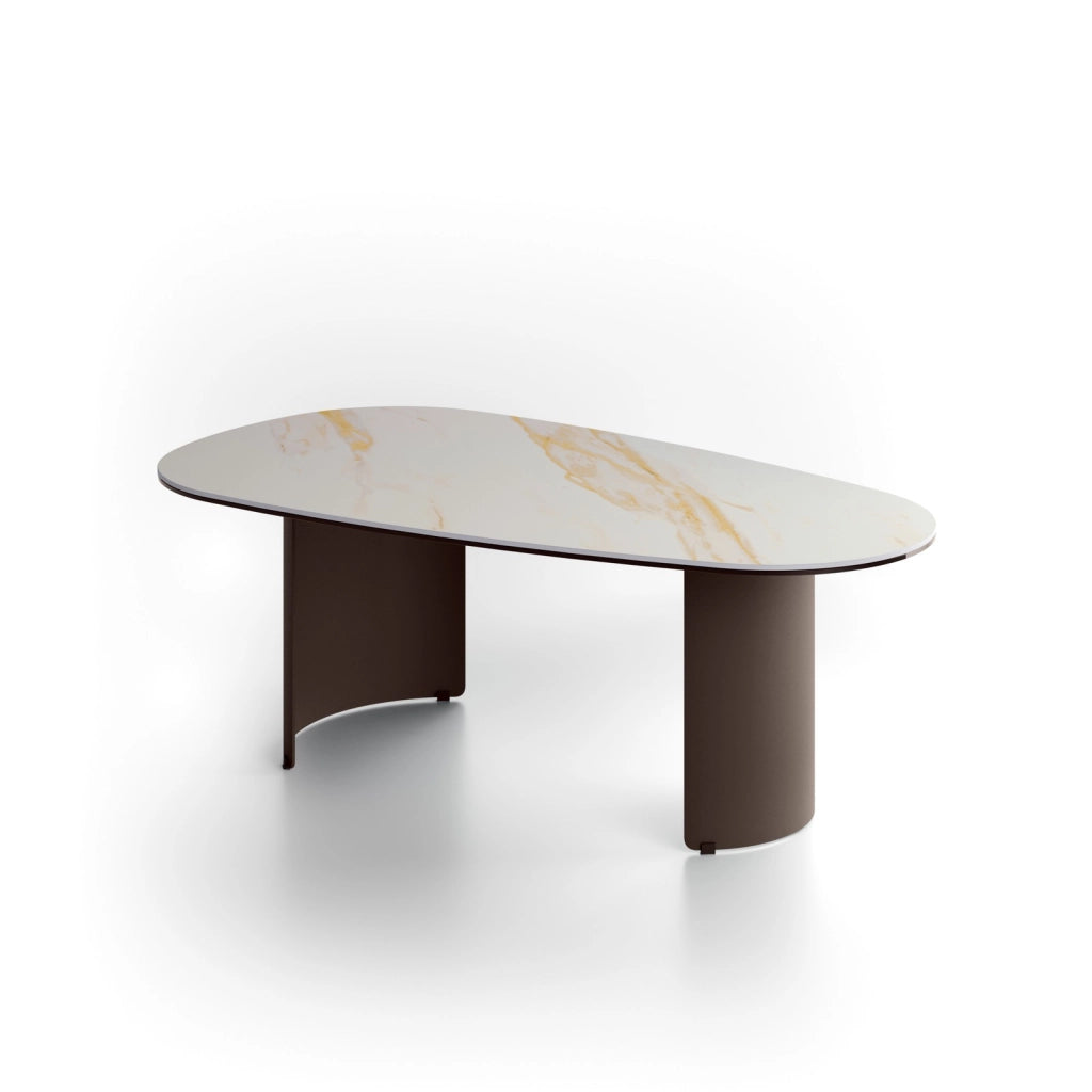 Tavolino da Salotto Dolmen in Ceramica su Vetro e Struttura in Metallo Verniciato Bronzo - Design Moderno 100x55x35 cm - Raffinato