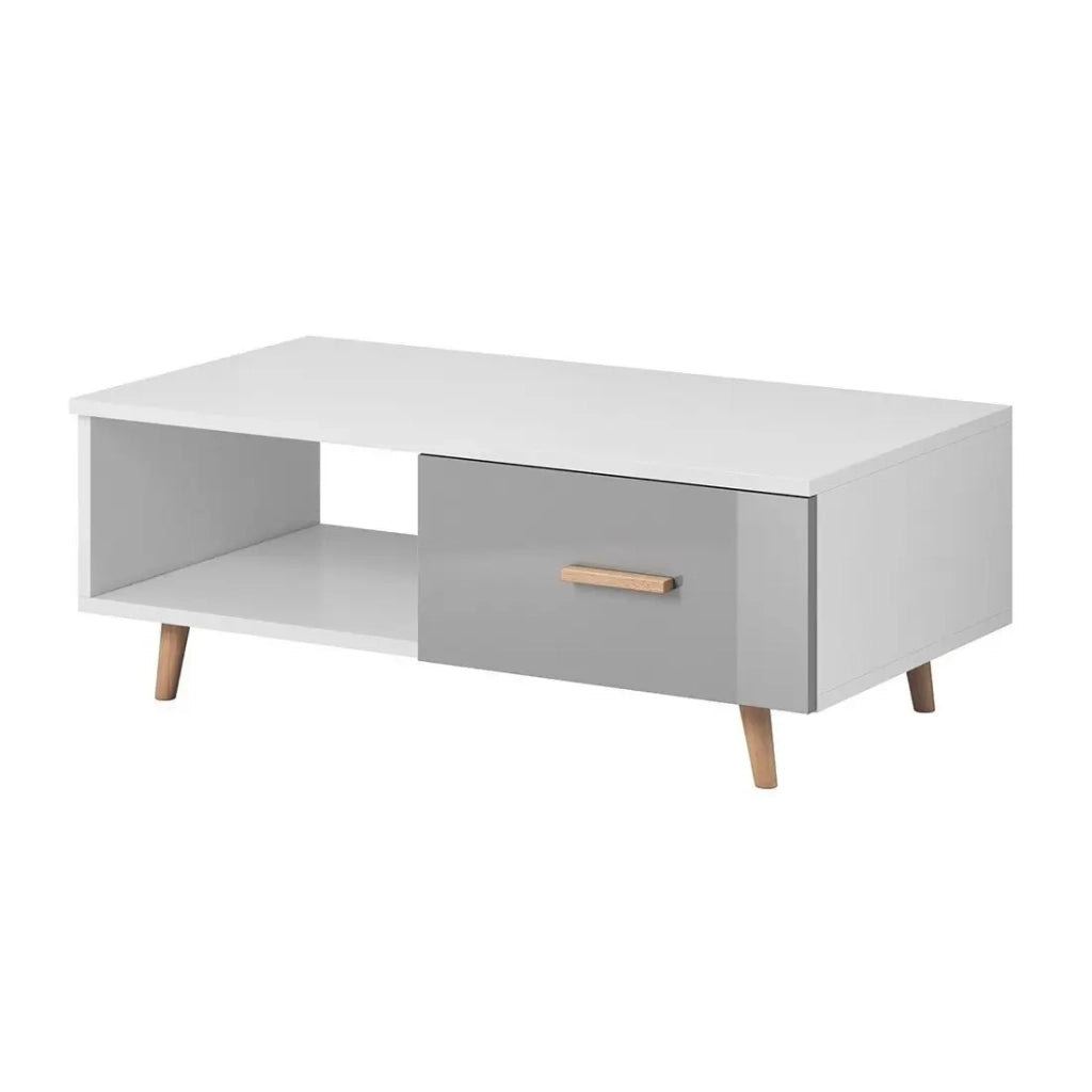 Table bassa EDEN 110 cm – 1 cassetto e 1 nicchia – Bianco e grigio