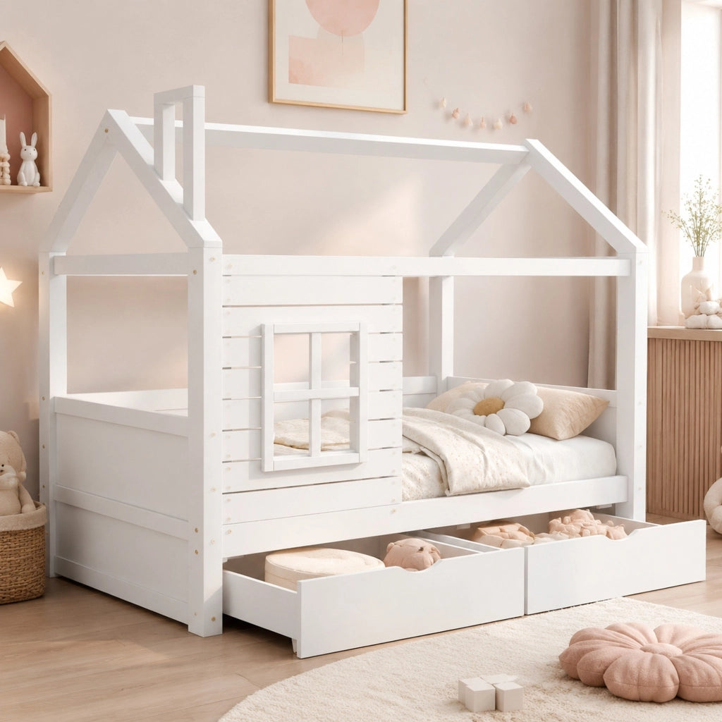 Letto per bambini a casetta 90x200 cm in legno massello di pino, bianco, con sponde, rete a doghe e 2 cassetti contenitore