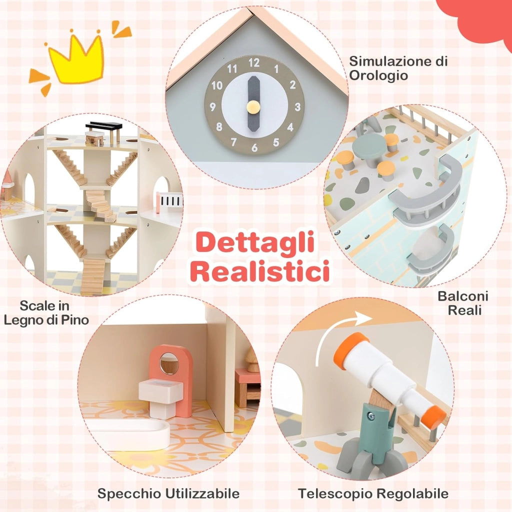 Casa delle Bambole in Legno, Casetta delle Bambole a 3 Piani con 41 Mobili e Accessori, Giocattolo per Bambini 3+ Anni,107 x 82,5 x 94,5 cm (Arancione)