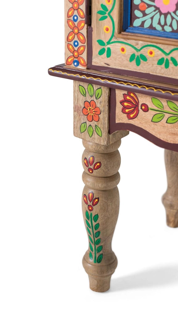 Consolle in legno di mango con porta decorata a mano