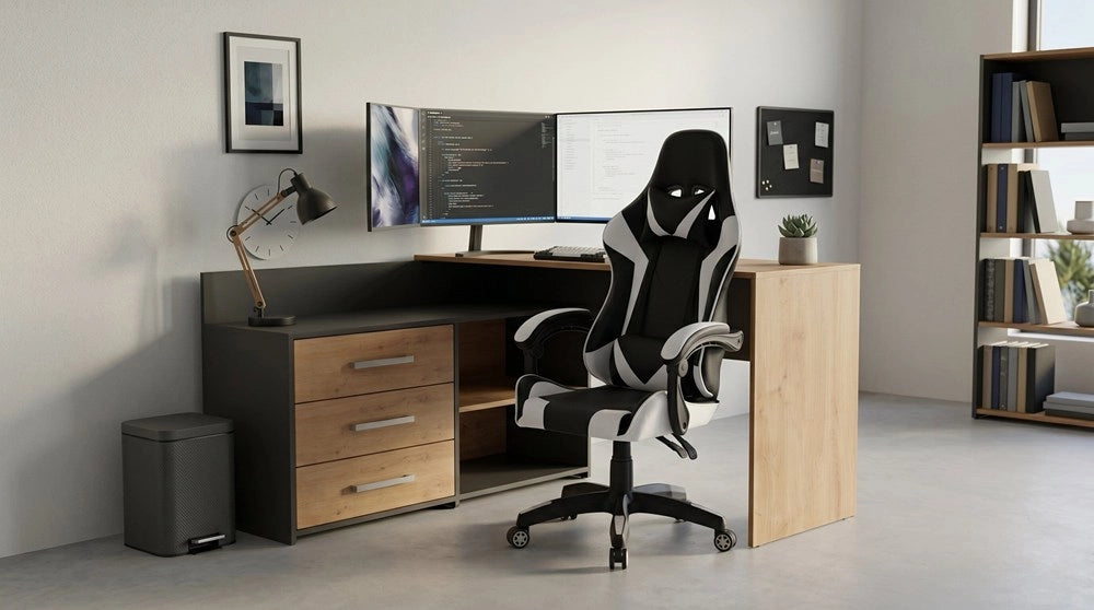 Set scrivania DANY angolare antracite e rovere artisan + poltrona REMUS bianco
