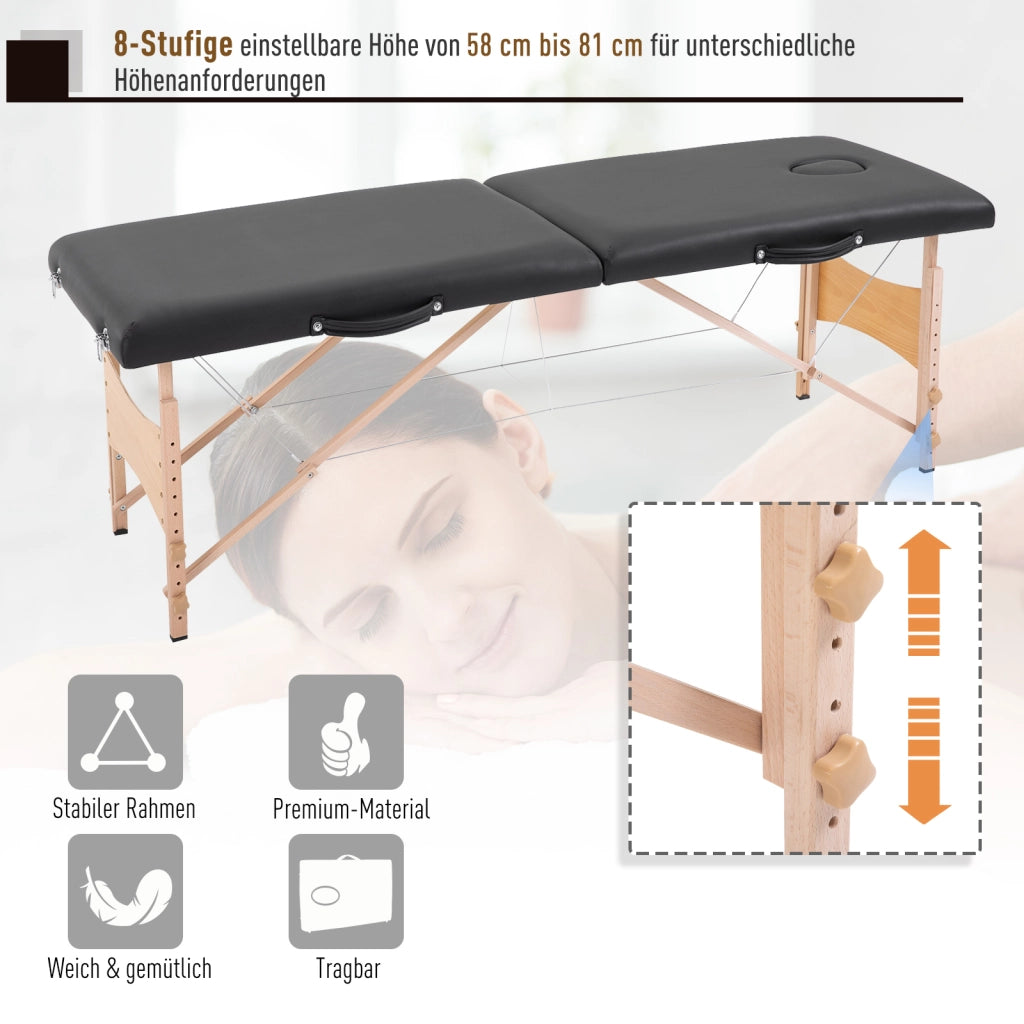 Lettino da massaggio pieghevole 3 zone ¨C Xylo ¨C con poggiatesta, braccioli, borsa, struttura in legno, nero