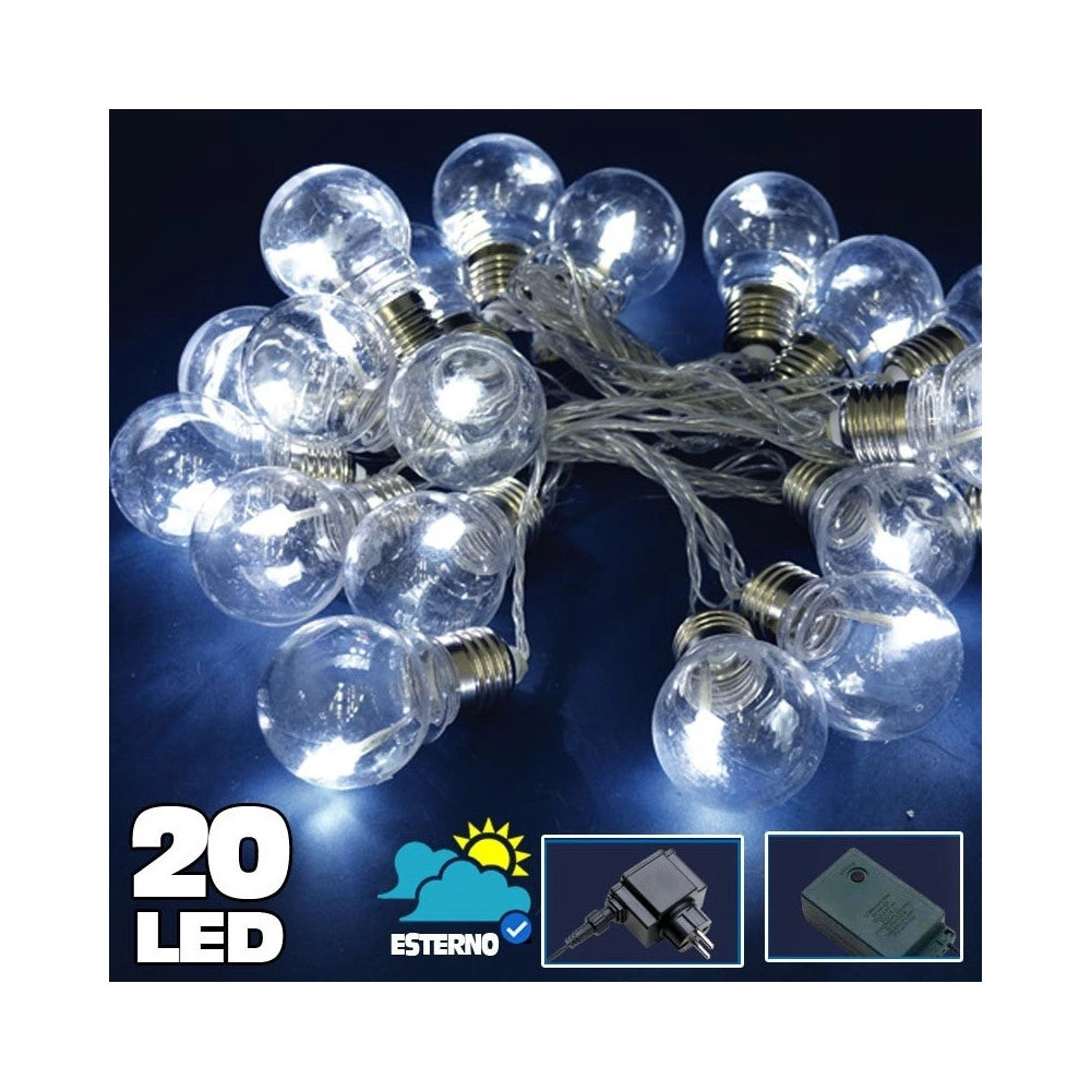 Trade Shop - Catena Luminosa 20 Bulbi Forma Lampadina Trasparente A Led Bianco Freddo Albero -