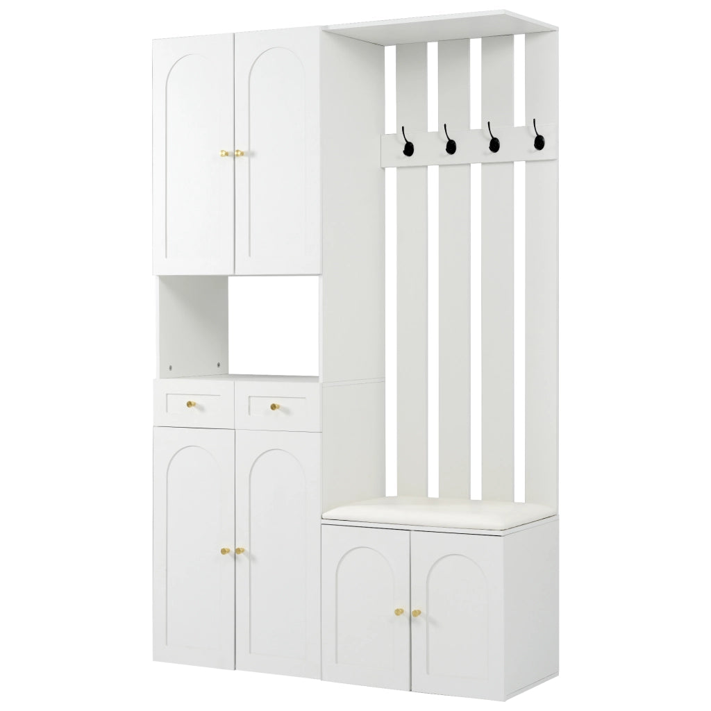 Mobile da ingresso con panca, 2 cassetti, 4 ganci e 6 ante, bianco, 110 × 37 × 180 cm