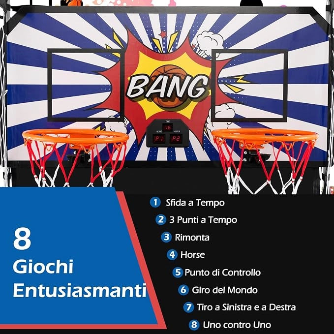 Macchina da Pallacanestro Elettronica, Canestro Basket da Camera a Doppio Tiro Pieghevole con Punteggio Elettronico, 4 Palle, 8 Modalità di Gioco e 2 Canestri (Blu e bianco)